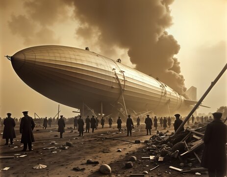 Huge airship disaster scene. 1937 Hindenburg disaster at Lakehurst New Jersey. Massive fire engulfs zeppelin. Many people watch terrible accident. Historical airship accident. Terrible tragedy of air