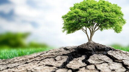 Small green tree growing on cracked, dry soil