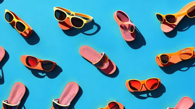 Vibrant summer vibes: dynamic layout of colorful sunglasses and flipflops on bright blue background