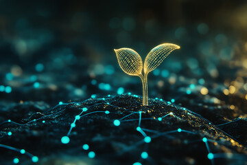 A glowing shot of a seed sprouting from the ground, on a transparent background highlighted by a combination of blue and black data points

