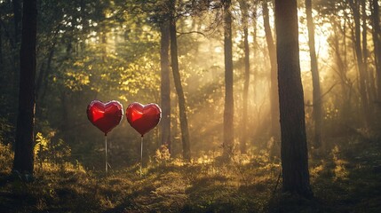 Two red heart-shaped balloons float amidst a sunlit forest, creating a romantic scene