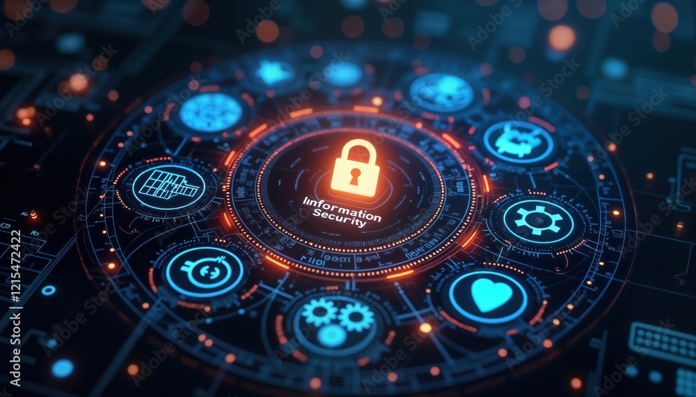 Poster futuristic tech interface displays glowing info security system. holographic icons show data protect