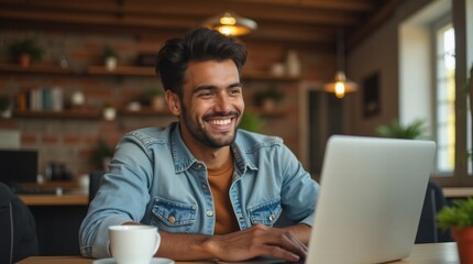 Cheerful man sitting at table with laptop, radiating positivity and productivity