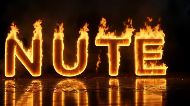 Fiery text animation: burning letters reflected on shiny surface