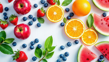 Naklejka premium Fresh fruits arranged on a light background, including oranges, berries, and tomatoes