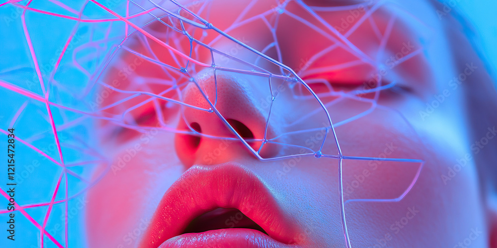 Aufkleber close-up of face partially covered by translucent network