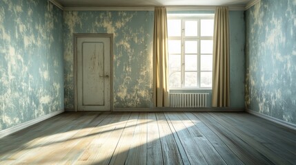 Obraz premium Empty living room or bedroom in home, hotel, or apartment. Vector cartoon illustration of blank interior with doorway, curtains on window, wooden floor and vintage wallpapers