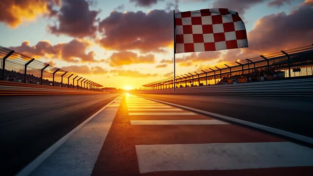 Dramatic sunset at race track finish line with waving checkered flag