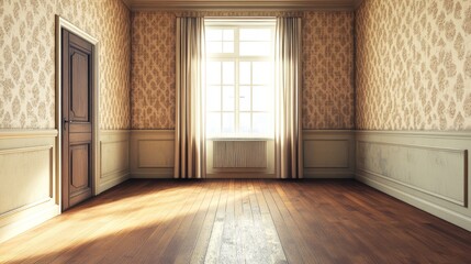 Fototapeta premium Empty living room or bedroom in home, hotel, or apartment. Vector cartoon illustration of blank interior with doorway, curtains on window, wooden floor and vintage wallpapers