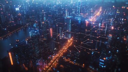 Obraz premium Smart digital Innovation city with connection network reciprocity over the twilight cityscape. of future smart wireless digital city and social media networking systems that connects people with city