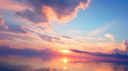 Serene Sunset: Pastel Sky, Calm Water Reflection