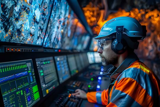 Industrial control room operator in safety gear monitoring multiple screens with data displays and system parameters in modern facility at night.