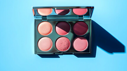 A luxurious blush palette with high-quality pigmentation, against a blue background