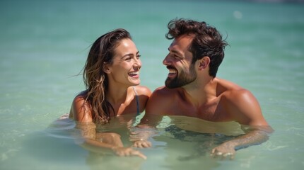 Obraz premium Happy couple smiling while enjoying summer vacation and communication