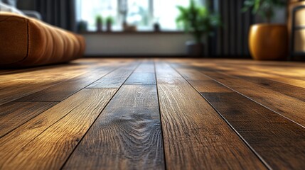 Sunlit hardwood floor in modern bedroom
