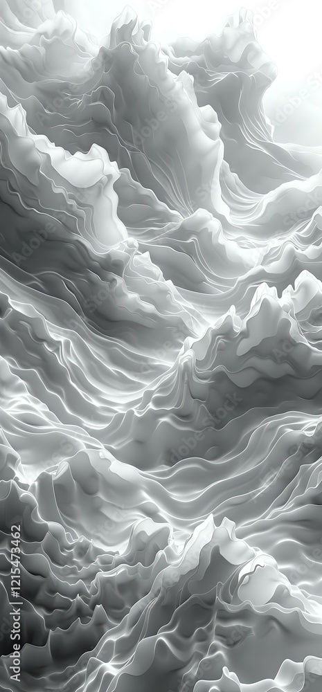 Poster abstract white fluid waves creating dynamic topographic landscape effect. monochromatic flowing form