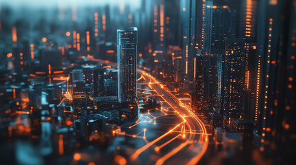 Smart digital Innovation city with connection network reciprocity over the twilight cityscape. of future smart wireless digital city and social media networking systems that connects people with city
