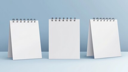 Desk calendar with spiral mockup. Realistic 3d vector set of vertical and square table flip planner with white empty paper pages in different angles of view. Standing desktop schedule template.