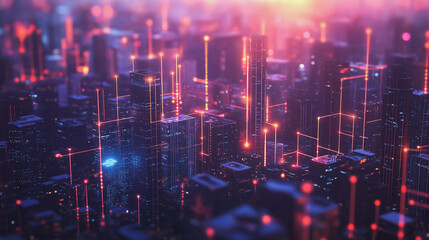 Fototapeta premium Smart digital Innovation city with connection network reciprocity over the twilight cityscape. of future smart wireless digital city and social media networking systems that connects people with city