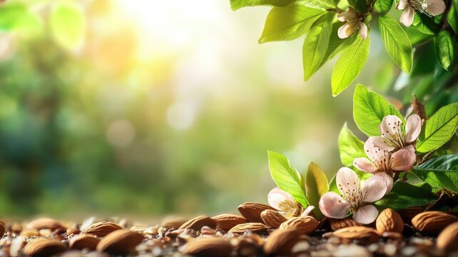 Almonds scattered under blooming almond tree branches in sunlight