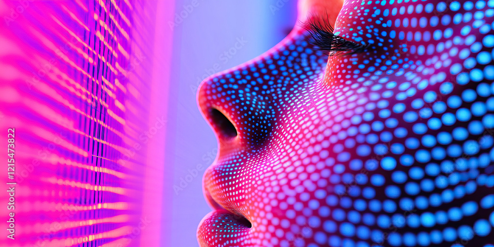 Poster profile of face with cyan dot pattern and pink grid background