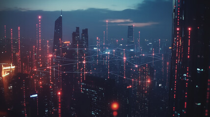 Fototapeta premium Smart digital Innovation city with connection network reciprocity over the twilight cityscape. of future smart wireless digital city and social media networking systems that connects people with city