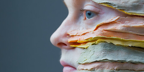 Human Face Partially Covered with Layered Pastel Material