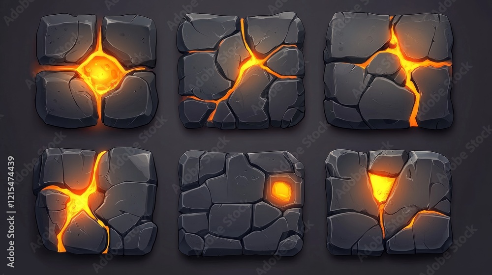 Poster lava game buttons animation set. vector cartoon illustration of stone frames with orange cracks. men
