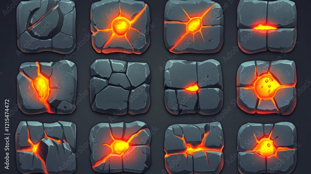 Poster lava game buttons animation set. vector cartoon illustration of stone frames with orange cracks. men