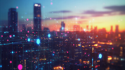 Obraz premium Smart digital Innovation city with connection network reciprocity over the twilight cityscape. of future smart wireless digital city and social media networking systems that connects people with city