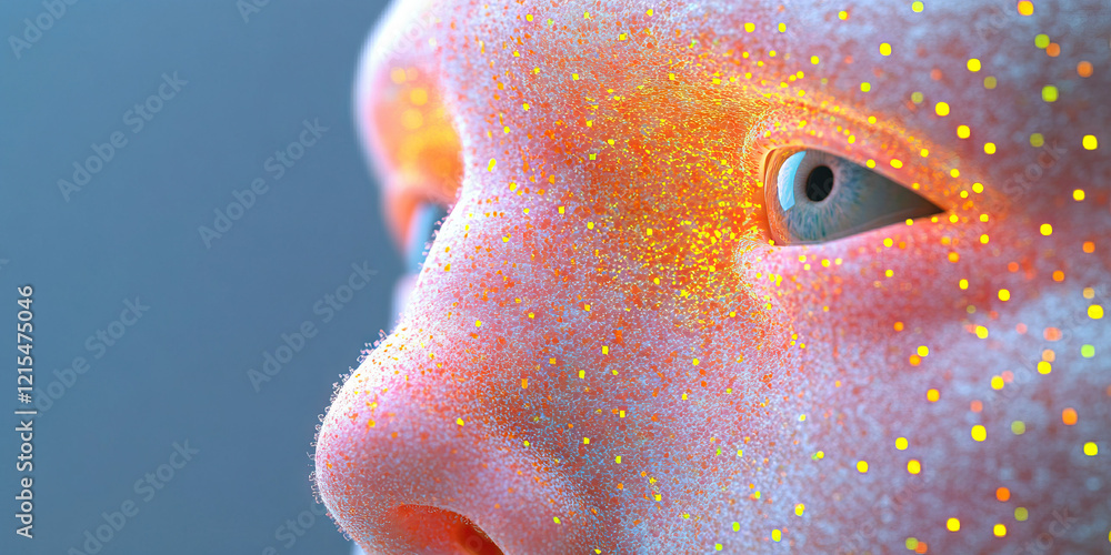 Poster digital render of face with luminous particles