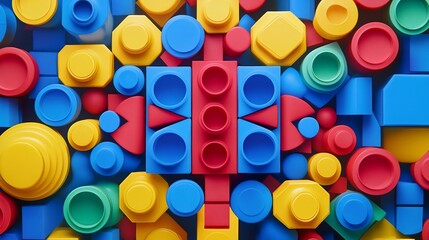 Geometric shapes in primary colors arranged in a pattern, creating a playful design
