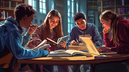 Group of students study together with books and laptop. Vector flat illustration of happy young people sitting at table and learning in school class, university or college library or classroom