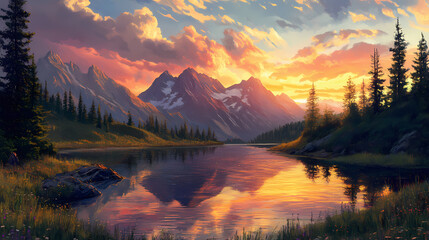 Majestic mountain sunset. Dawn Ridge. Illustration