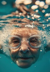 Fototapeta premium A close-up photograph of an elderly woman swimming in a pool.