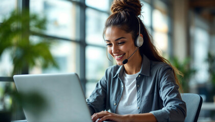 Fototapeta premium Smiling woman in a headset uses a laptop in a modern office with large windows.