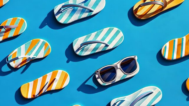 Vibrant summer flipflops and sunglasses on blue background in motion