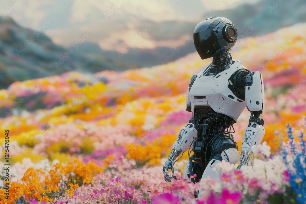 Poster futuristic robot exploring a vibrant field of colorful flowers
