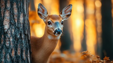 Whitetail deer hiding autumn forest sunset nature