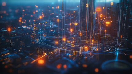 Obraz premium Smart digital Innovation city with connection network reciprocity over the twilight cityscape. of future smart wireless digital city and social media networking systems that connects people with city