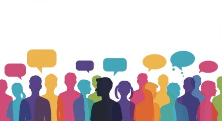 colorful silhouettes, diverse crowd, speech bubbles, communication concept, rainbow colors, social dialogue, community discourse, opinion sharing, vibrant discussion, multicultural group, inclusive co