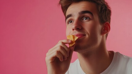 Young Caucasian male enjoying snack against pink background