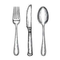 Fork, knife, and spoon hand-drawn vector illustration on a white background