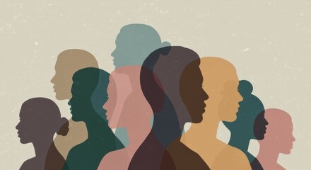diverse profiles, overlapping silhouettes, multiracial community, pastel colors, minimalist illustration, unity in diversity, textured background, social harmony, inclusion concept, side views, abstra