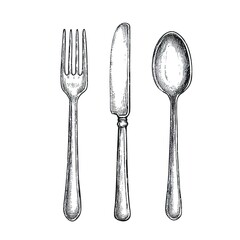 Fork, knife, and spoon hand-drawn vector illustration on a white background