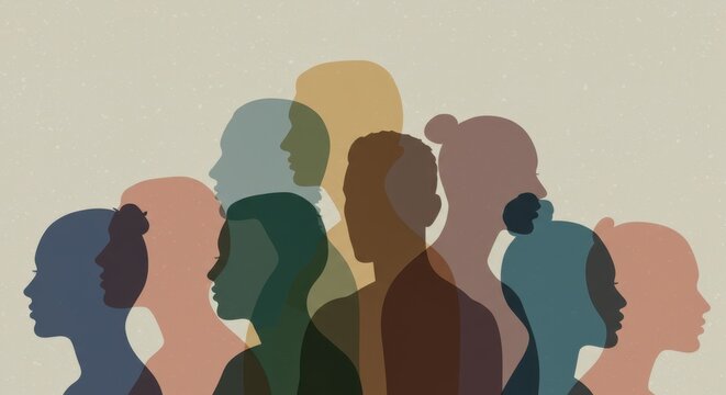diverse profiles, overlapping silhouettes, multiracial community, pastel colors, minimalist illustration, unity in diversity, textured background, social harmony, inclusion concept, side views, abstra