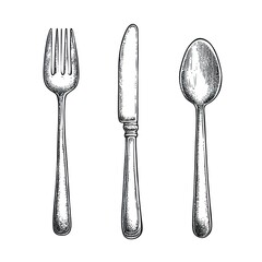 Fork, knife, and spoon hand-drawn vector illustration on a white background