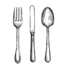 Fork, knife, and spoon hand-drawn vector illustration on a white background