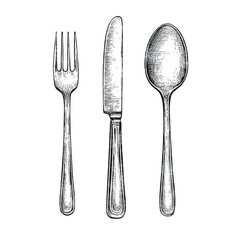 Fork, knife, and spoon hand-drawn vector illustration on a white background