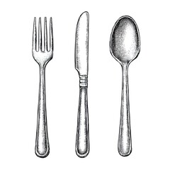 Fork, knife, and spoon hand-drawn vector illustration on a white background